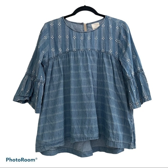 HARPER Chambray Bell Sleeve Babydoll Top | M - Picture 2 of 9